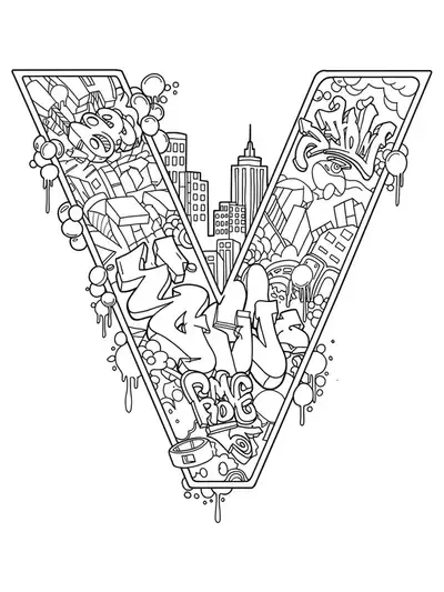 Complex graffiti-themed coloring page featuring the letter V with tags, spray paint details, and city elements.