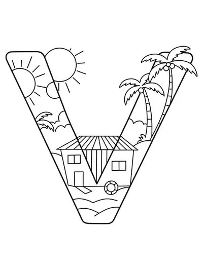 Easy coloring page for adults with letter V, palm trees, and villa outlines
