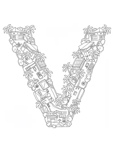 Line art of tropical villas, palm trees, and pools forming the letter V.