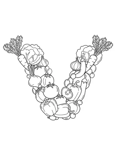 Adult coloring page of letter V with large, simple vegetables for easy coloring