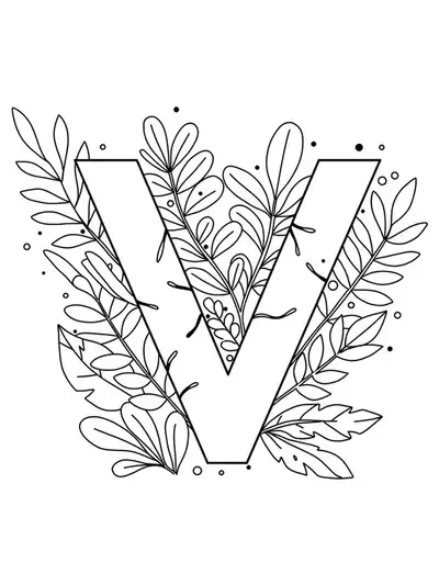 Letter V with large, simple plants and leaves for an easy adult coloring page