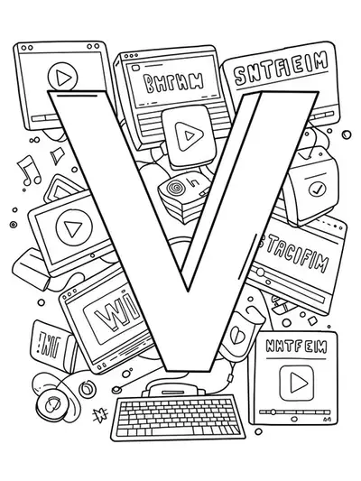 Line art of the letter V with digital screen frames, play icons, and streaming graphics around it.