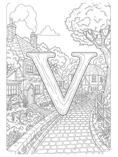 Line art of a village scene with cottages, trees, and the letter V integrated into the landscape.