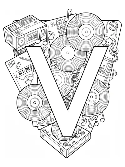 Letter V surrounded by vinyl records, record players, and musical notes in black and white line art.