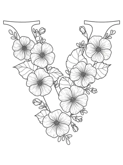Line art of the letter V with violet flowers, decorative stems, and leafy accents.