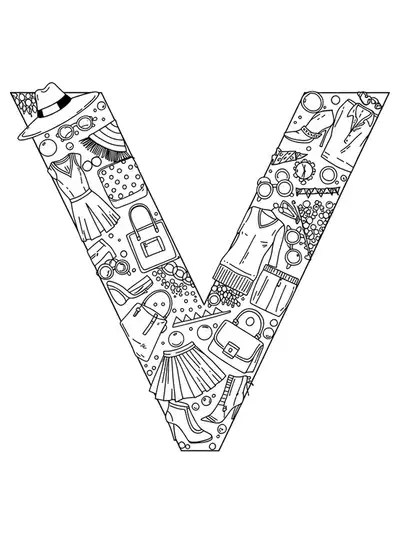 Letter V with fashion elements like sunglasses, hats, shoes, and pattern backgrounds in line art.