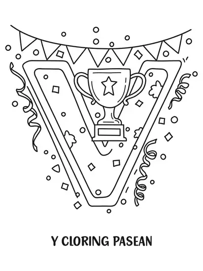 Simple adult coloring page of letter V with trophy, confetti, and streamers
