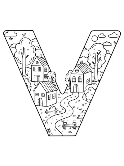 Easy coloring page of the letter V with a simple village scene for adults