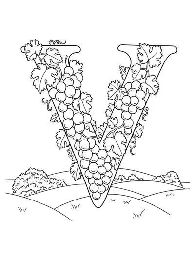 Easy coloring page for adults with letter V, grape clusters, and vine leaves
