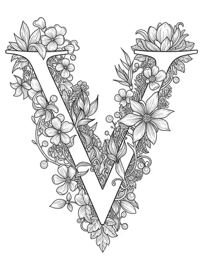 Ornate botanical coloring page with the letter V framed by detailed vintage plants, exotic flowers, and vines.