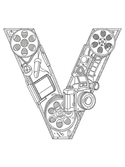 Black and white line art of a vintage camera forming the letter V, surrounded by retro photography elements.