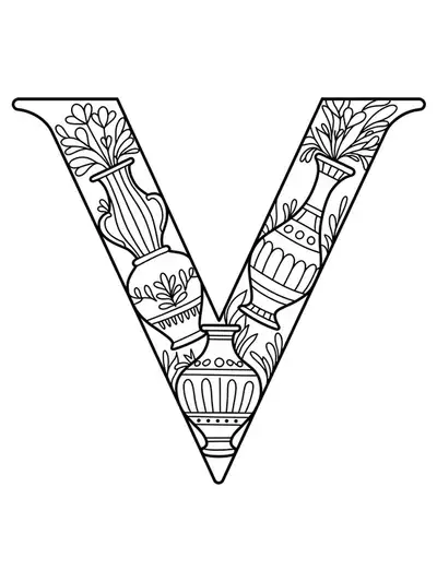 Letter V with large, simple Art Deco vases for an easy adult coloring page