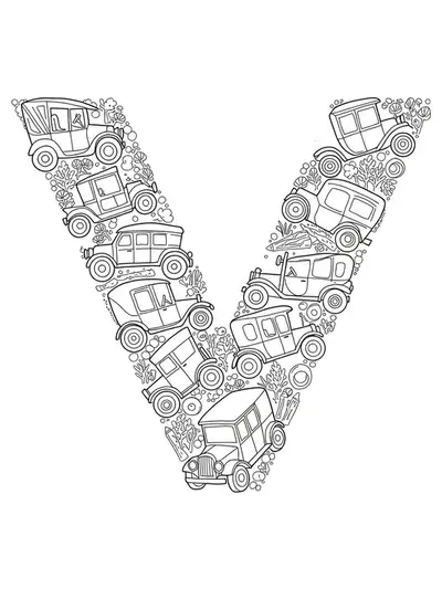 Letter V with easy, simple outlines of antique vehicles for an adult coloring page
