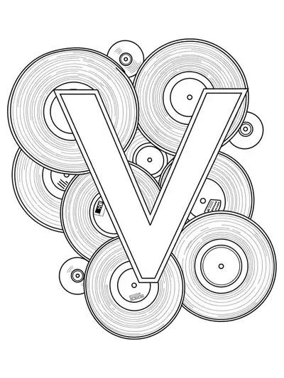 Simple adult coloring page of the letter V with vinyl records, easy outlines