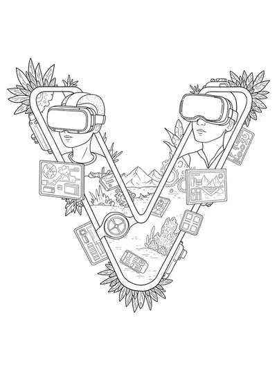 Line art of the letter V with VR headsets, digital grid backgrounds, and futuristic graphics.
