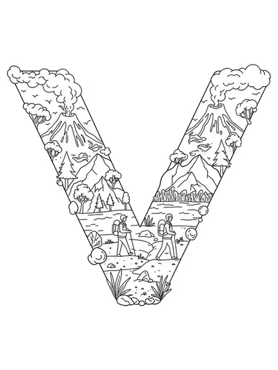 Line art of the letter V with volcanoes, mountains, and hikers in a lively scene.