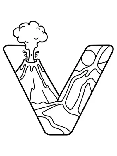 Easy adult coloring page of letter V with an erupting volcano in the background