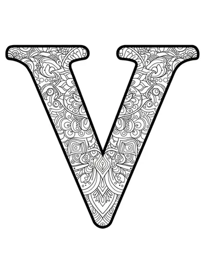 Letter V coloring page with detailed, symmetrical zen mandala patterns all around.