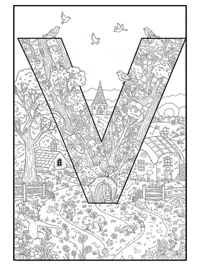 Line art featuring the letter V in a detailed countryside village landscape for adult coloring.
