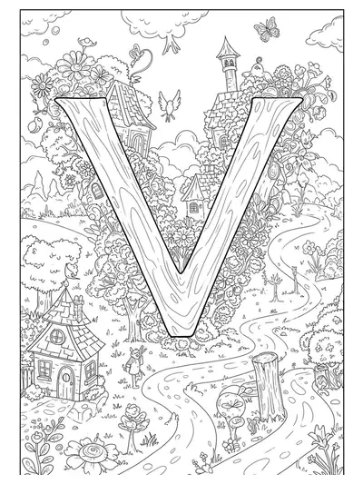 Fantasy village coloring page with the letter V, detailed houses, and creatures for preschoolers.