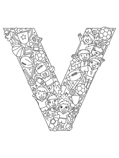 Black and white line art showing the letter V with trophies, medals, and sports equipment, medium detail for elementary kids.