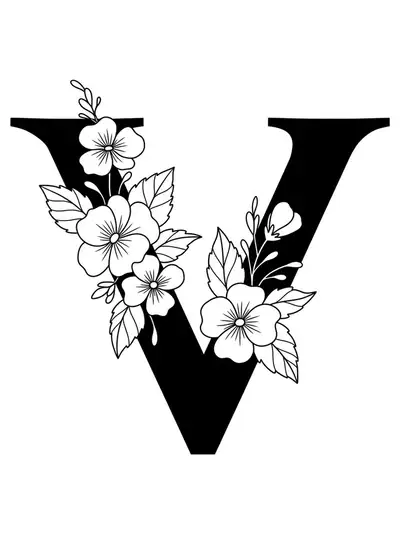 Large letter V surrounded by big violet flowers, easy spring coloring page for kids.