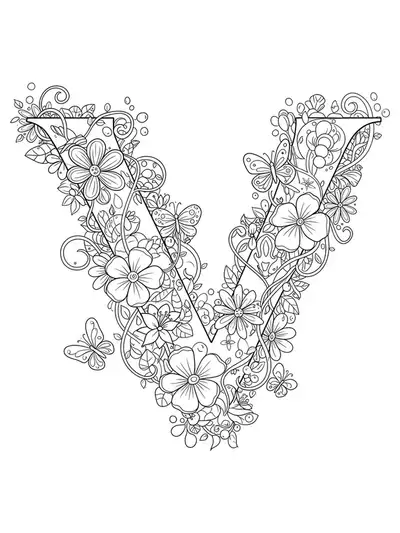 Line art of the letter V encircled by vines, flowers, and butterflies for adult coloring.