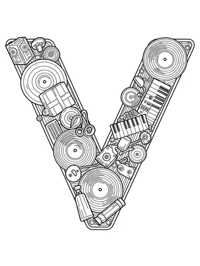Line art of the letter V surrounded by vintage vinyl records and music notes for adult coloring.