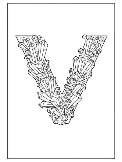 Line art of the letter V surrounded by detailed crystals and minerals for adult coloring.