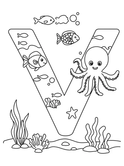Letter V with fish, seaweed, and a smiling octopus, ocean-themed easy coloring page.