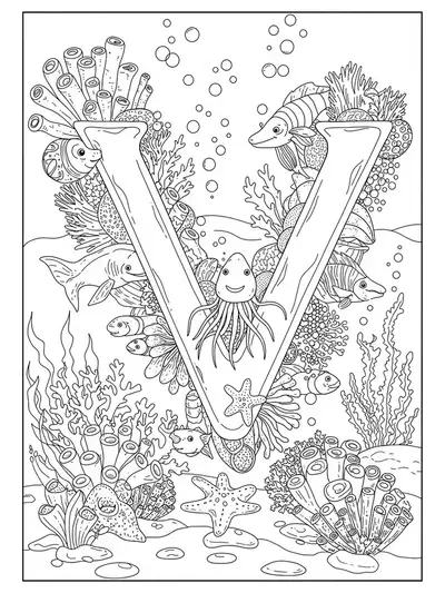 Intricate under the sea scene with the letter V, surrounded by detailed fish, seaweed, and coral, designed for hard-level coloring.