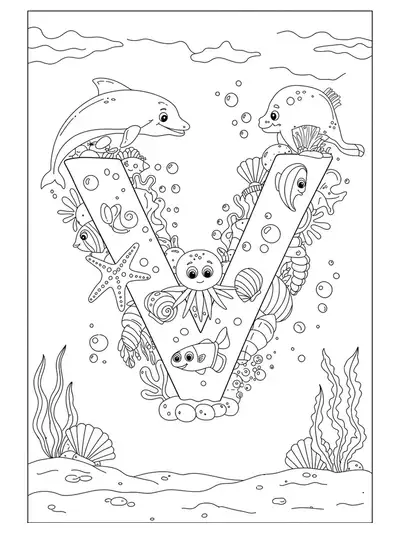 Intricate under the sea coloring page with the letter V and detailed ocean animals for preschoolers.