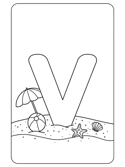 Letter V on a sandy beach with a beach ball, umbrella, and seashells, easy coloring page for kids.