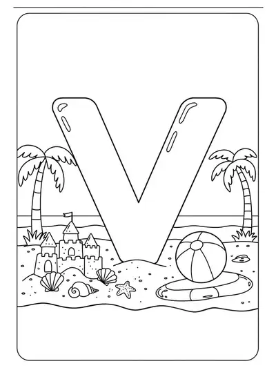 Large letter V on a sandy beach with seashells, sandcastles, palm trees, and a beach ball.
