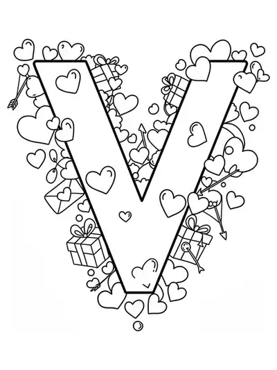 Large letter V with hearts, arrows, and Valentine’s Day gifts, easy coloring page for kids.