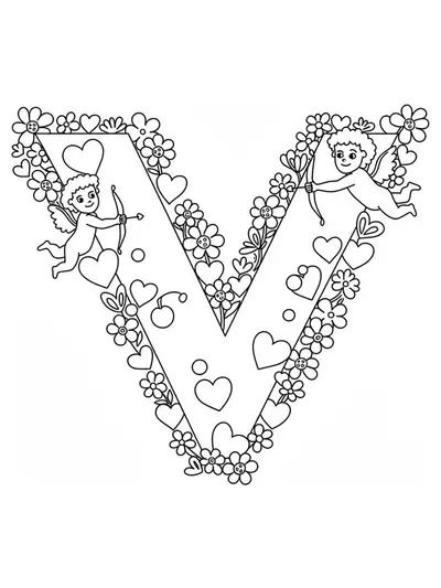 Large letter V decorated with hearts, flowers, and cupids for Valentine’s Day coloring page.