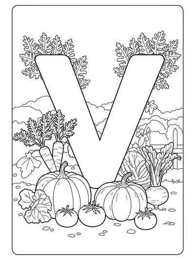 Letter V surrounded by carrots, pumpkins, tomatoes in a vegetable garden, easy coloring page for kids.