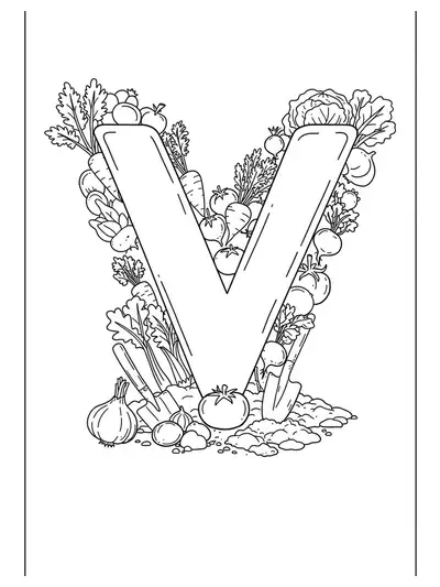 Large letter V with vegetables like carrots and tomatoes growing around it in a garden setting.