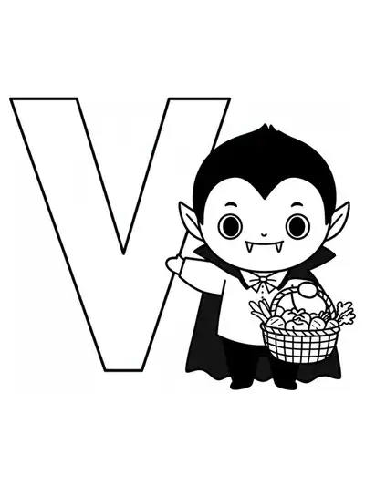 Cute vampire holding vegetables with a large letter V, easy Halloween-themed coloring page.