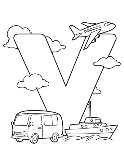 Large letter V with a van, jet, and boat, easy vehicle-themed coloring page for kids.