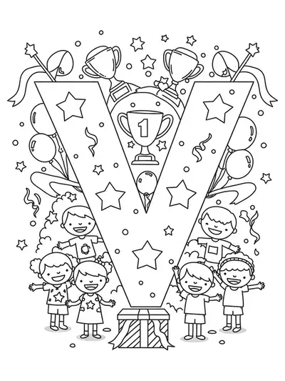 Large letter V with trophies, confetti, balloons, and children cheering.