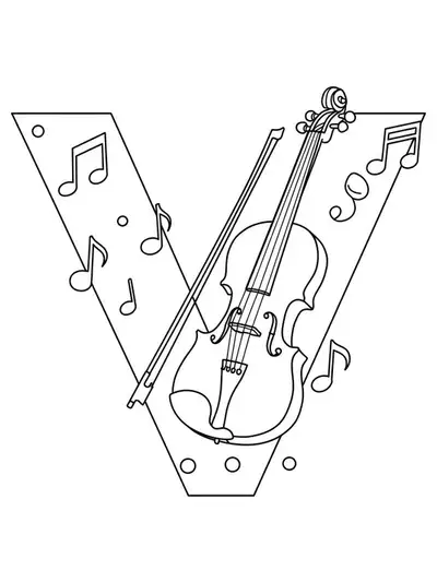 Large letter V with a violin and music notes, easy coloring page for kids.