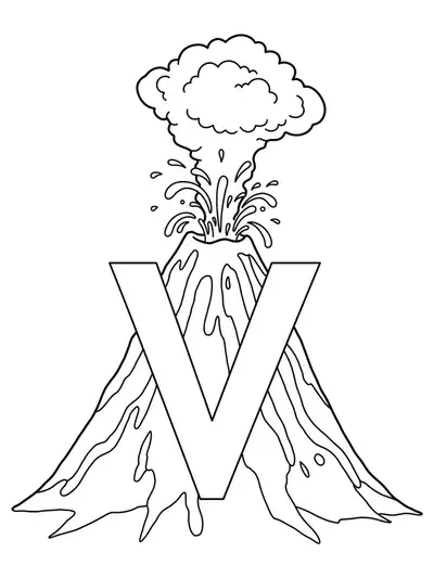 Large letter V with a volcano erupting behind it, easy coloring page for kids.