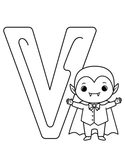 Large letter V and a smiling cartoon vampire for preschoolers to color.