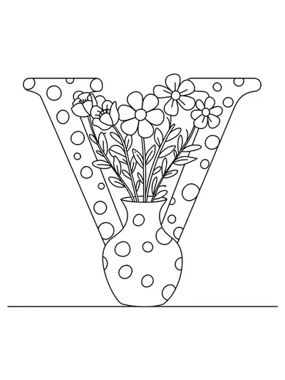 Large letter V with a simple vase holding flowers for preschool coloring.
