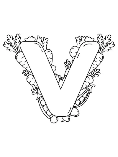 Large letter V with simple vegetables like carrots and peas around it for coloring.