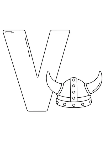 Large letter V with a simple Viking helmet for preschoolers to color.