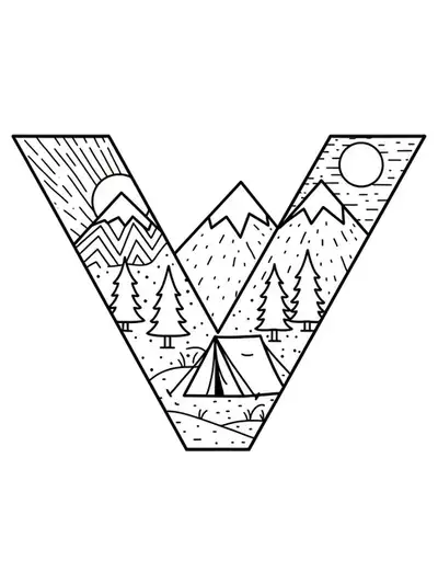 Easy printable coloring page of letter V with mountain vacation theme for teens.