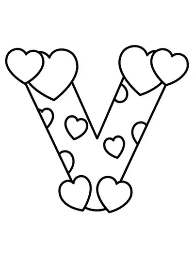 Large letter V with hearts around it on a simple coloring page for preschool.