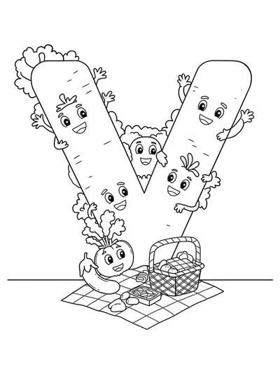 Large letter V with smiling vegetables, picnic basket, and blanket.